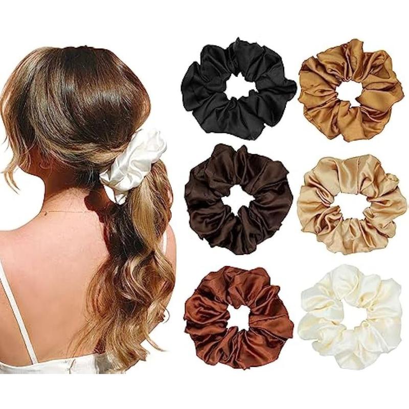 Large Satin Hair Scrunchies for Women, 6count Leopard Silk Satin Ponytail Holder, Solid Color Elastic Hair Bands Scrunchy Hair Ties Ropes for Women Girls Ladies