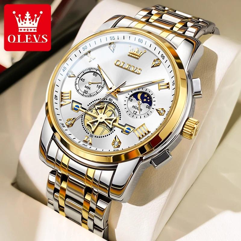 OLEVS 2856 Quartz Watch for Men Flywheel Skeleton Chronograph Moon Phase Multifunctional Stainless steel Men's Wristwatches