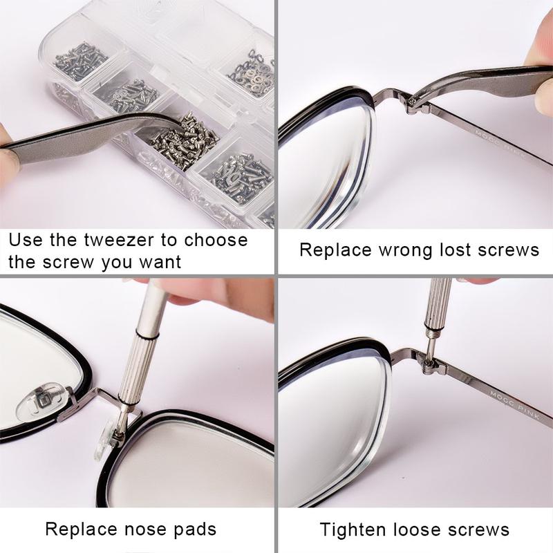 Sunglasses Eyeglasses Repair Kit, 1100count Tiny Stainless Steel Screws and 5 Pairs Nose Pads with Micro Screwdriver Tweezer for Watch Clock Spectacle Eye Glass Repair