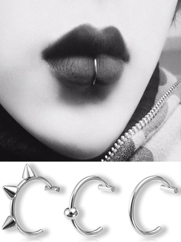 3pcs set Unisex Stainless Steel Nose Cuff Rings, Fashionable Non-piercing Body Jewelry for Women & Men, Lip Nose Cuff Rings for Gift