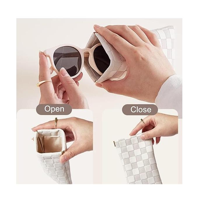 Sunglasses Case,  1 Pack Soft Eyeglass Cases Checkered Sunglass Case Portable Squeeze Top Leather Glasses Pouch