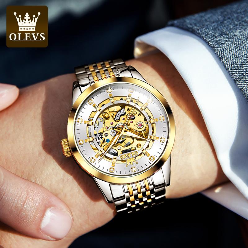 OLEVS Men's Watches Luxury Gold Skeleton Automatic Mechanical Wrist Watch for Man Waterproof Stainless Steel Luminous Business