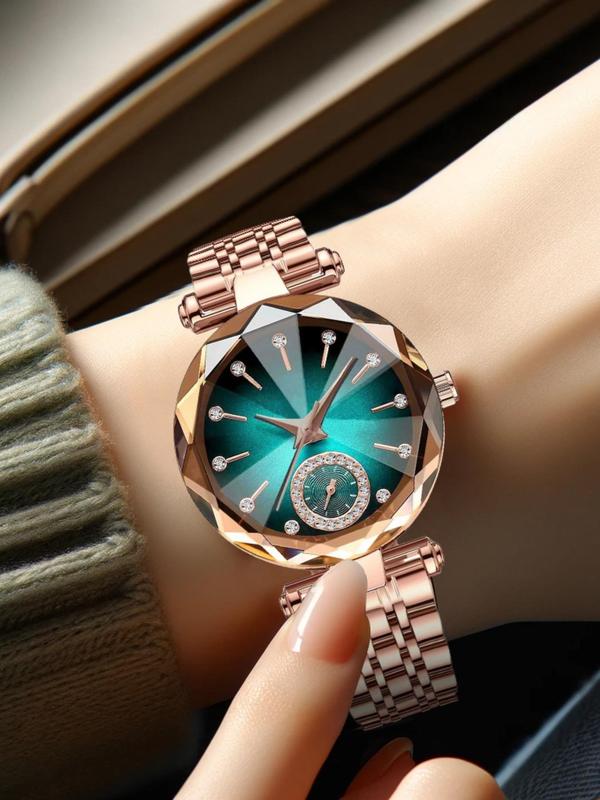 Women's Elegant Fashion Round Dial Rhinestone Decorated Analog Quartz Watch, Fashion Watch for Party, Daily Decor, Trendy All-match & Exquisite Watch for Birthday Gifts with Box