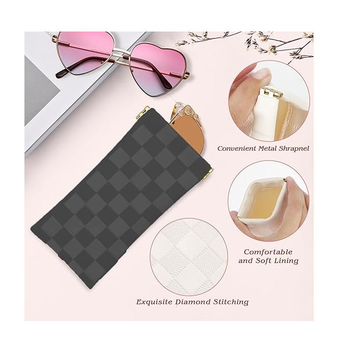 Sunglasses Case,  1 Pack Soft Eyeglass Cases Checkered Sunglass Case Portable Squeeze Top Leather Glasses Pouch