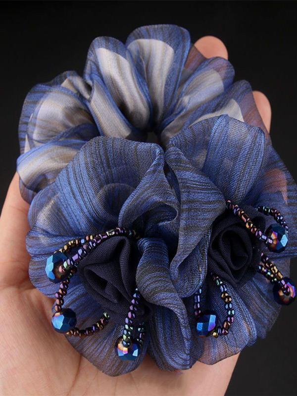 Vintage Flower Design Hair Tie, Elegant Beaded Scrunchies for Ponytail Bun Holder, Fashion Hair Accessories for Women & Girls