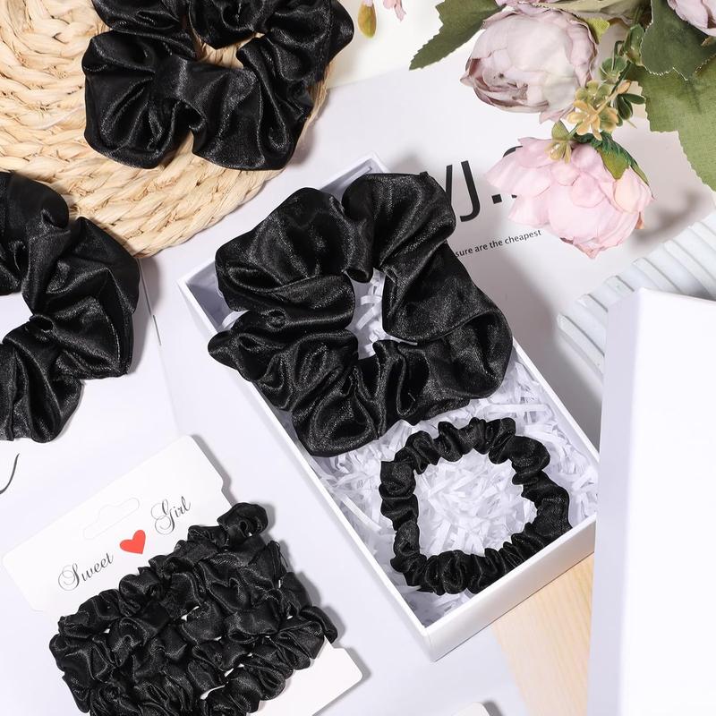 24 count Silk Hair Accessories: Satin Scrunchies, Black Elastic Hair Ties and Bands for Women Girls