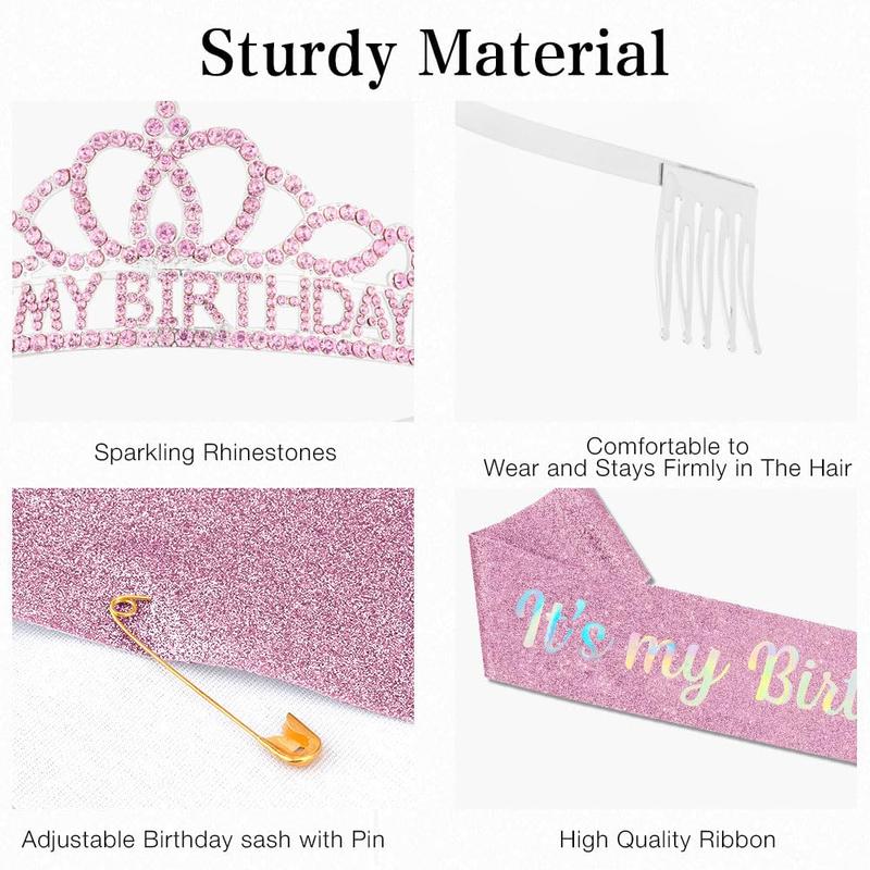 Birthday Crown Adult Woman,Pink Tiaras for Women,Its My Birthday Sash for Women,Birthday Girl Sash,Happy Birthday Decorations for Women,Birthday Crowns Headband for Women,Birthday Sash and Crown