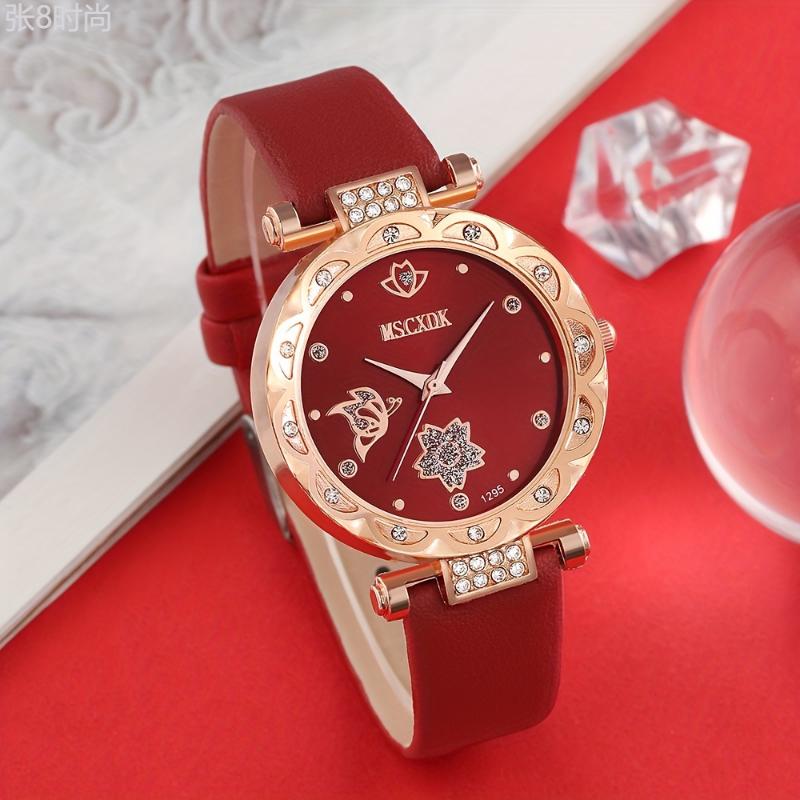 3pcs set Red Round Quartz Watch PU Leather Strap Alloy Pointer Alloy Case And Wallet Glasses Gift For Women