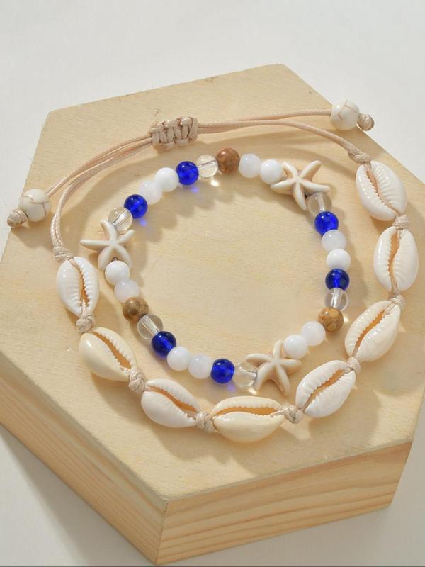 Boho Style Shell & Starfish Decor Beaded Anklet, Fashionable Beaded Anklet for Women & Girls, Trendy All-match & Exquisite Jewelry for Birthday Gift