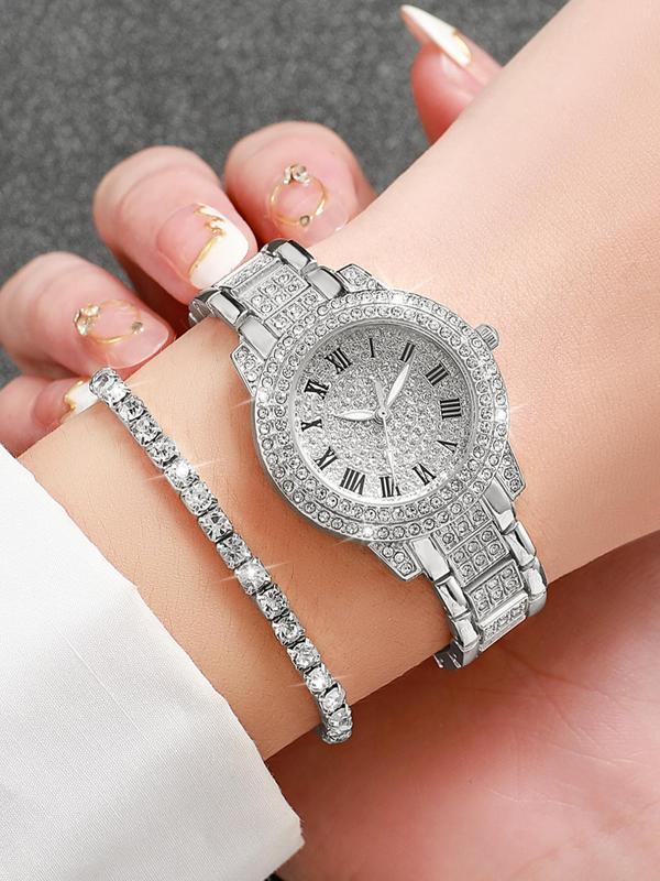 6counts set Women's Rhinestone Decorated Quartz Watch & Jewelry Set for Gift, Rhinestone Decorated Bracelet, Earrings, Ring & Pendant Necklace, Gift without Box