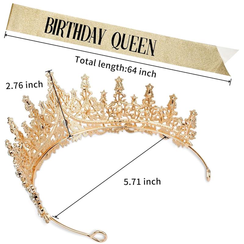 Gold Colour Crown for Women Birthday Queen Sash & Rhinestone Tiara Set Birthday Decoration Rhinestone Headband Glitter Faux Crystal Hair Accessories for Party