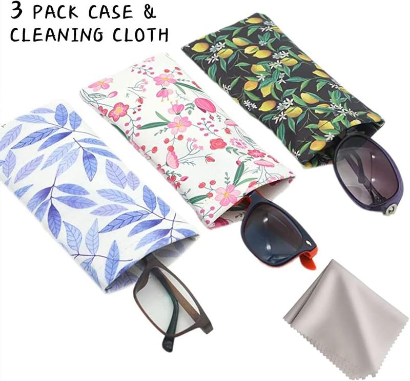 3 PACK Sunglasses Case, Eyeglasses Pouch for Women, Portable Leather Soft Glasses Cases with Cleaning Cloth