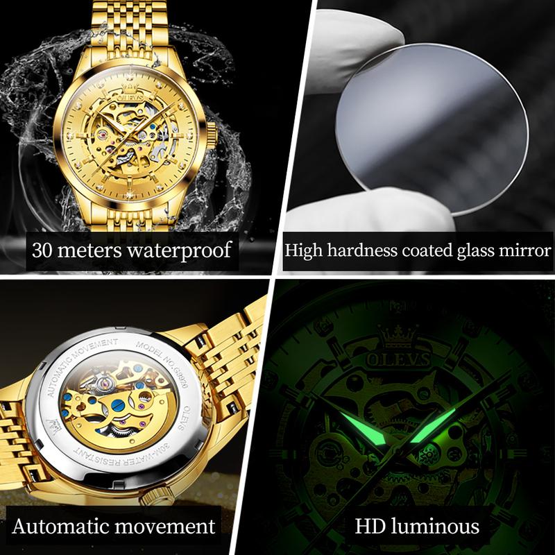 OLEVS Men's Watches Luxury Gold Skeleton Automatic Mechanical Wrist Watch for Man Waterproof Stainless Steel Luminous Business