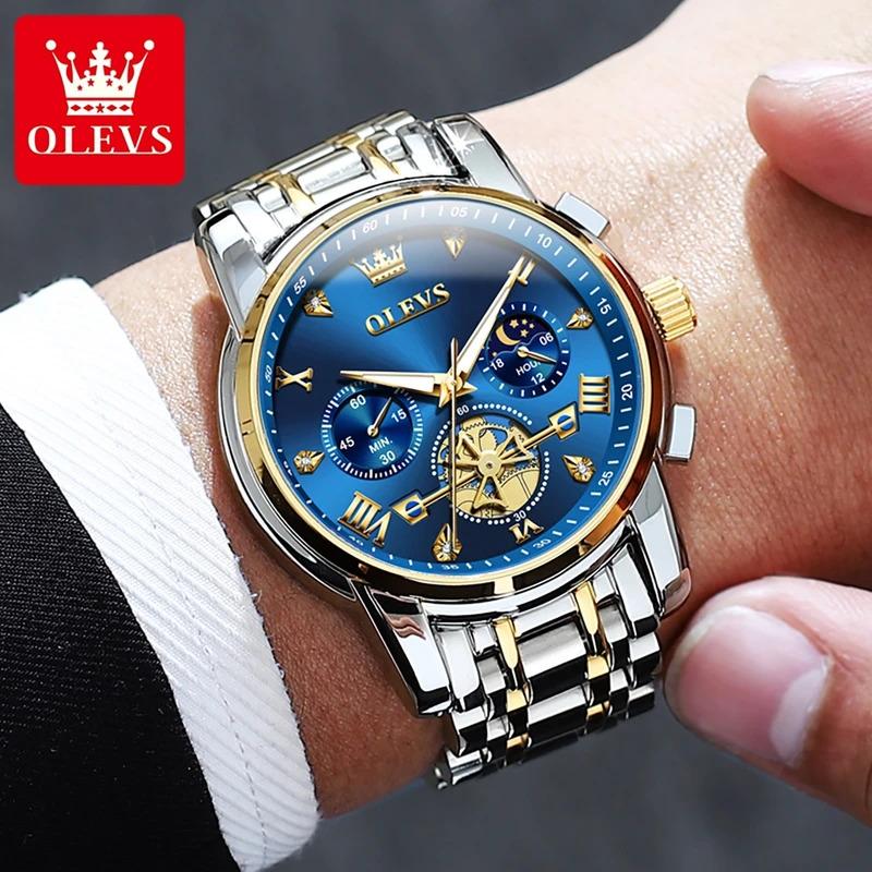 OLEVS 2856 Quartz Watch for Men Flywheel Skeleton Chronograph Moon Phase Multifunctional Stainless steel Men's Wristwatches