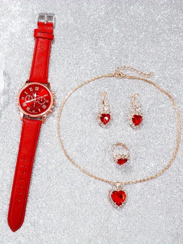 Women's Elegant Rhinestone Decorated Quartz Watch & Jewelry Set, Including Round Dial Watch & Heart Design Necklace & Ring & Earrings, Fashionable Watch Set for Women As Gift