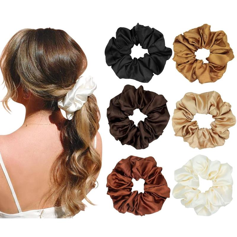 Large Satin Hair Scrunchies for Women, 6count Leopard Silk Satin Ponytail Holder, Solid Color Elastic Hair Bands Scrunchy Hair Ties Ropes for Women Girls Ladies