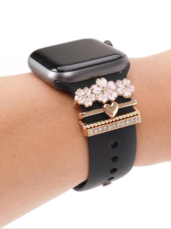 Flower & Heart Design Watch Band Decor Ring, Rhinestone Decor Watch Band Accessories for Women, Trendy All-match & Exquisite Watchband Charms for Birthday Gift