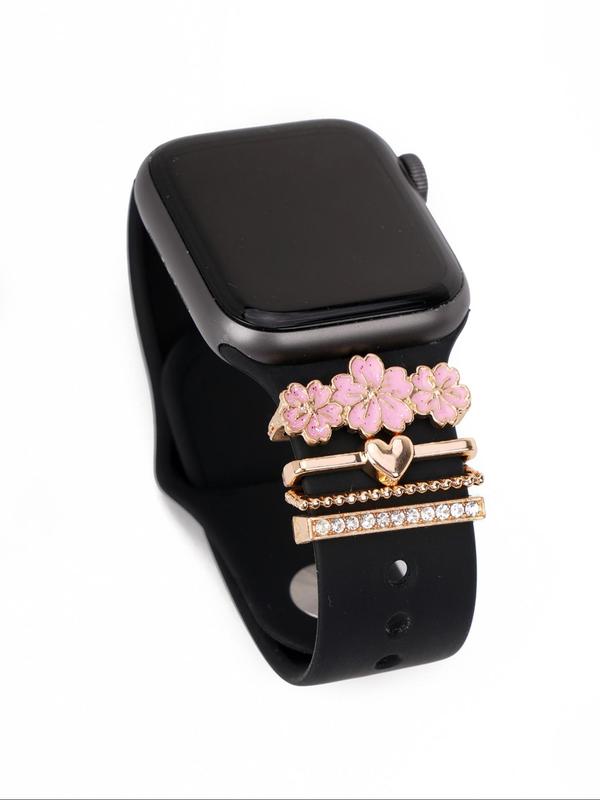 Flower & Heart Design Watch Band Decor Ring, Rhinestone Decor Watch Band Accessories for Women, Trendy All-match & Exquisite Watchband Charms for Birthday Gift