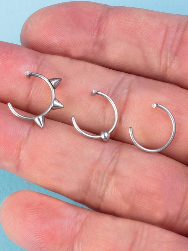 3pcs set Unisex Stainless Steel Nose Cuff Rings, Fashionable Non-piercing Body Jewelry for Women & Men, Lip Nose Cuff Rings for Gift