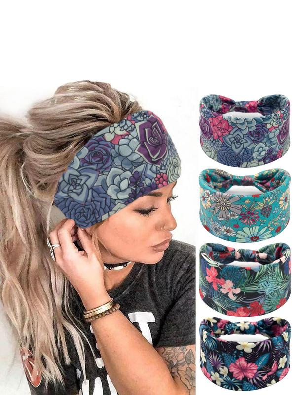 Floral Print Ruched Sport Hair Band, 4 Counts Casual Sporty Hair Band for Women & Girls, Elastic Hair Band for Gym Workout Running