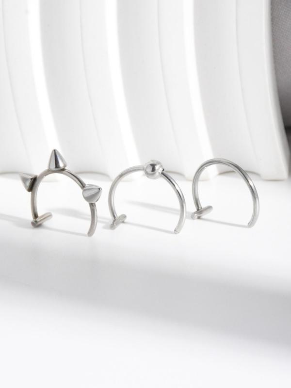 3pcs set Unisex Stainless Steel Nose Cuff Rings, Fashionable Non-piercing Body Jewelry for Women & Men, Lip Nose Cuff Rings for Gift