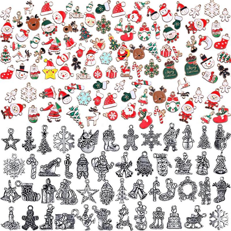 Christmas Themed Charms, 100pcs set Cute Snowflake & Tree & Santa Claus & Elk Design Pendant, DIY Jewelry Making Supplies for Bracelet & Necklace