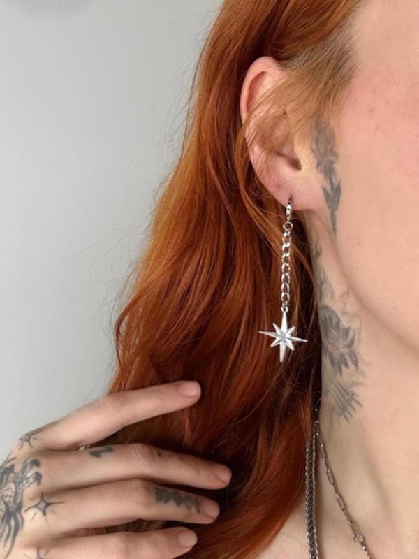 Unisex Punk Style Octagram & Chain Tassel Design Dangle Earrings, Trendy Tassel Drop Earrings, Fashionable Jewelry for Party & Daily Clothing Decoration