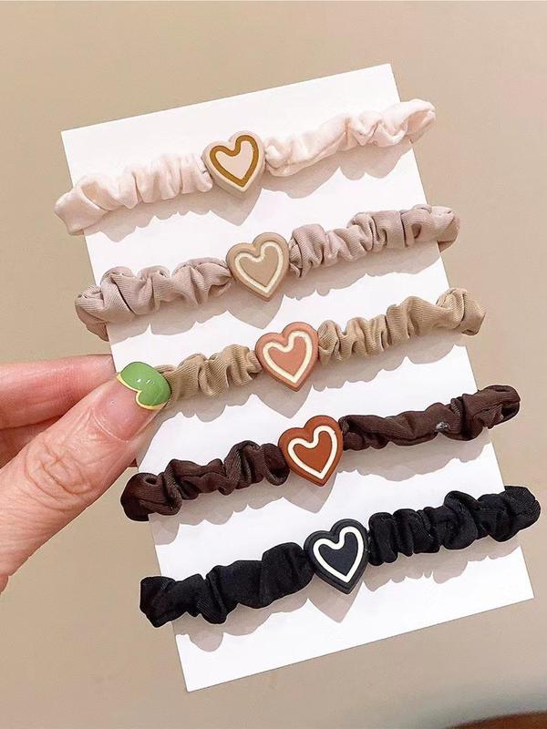 Simple Heart Design Hair Tie (5pcs), Cute Ruched Design Hair Accessories for Women & Girls, Casual Versatile Hair Accessories for Daily Wear