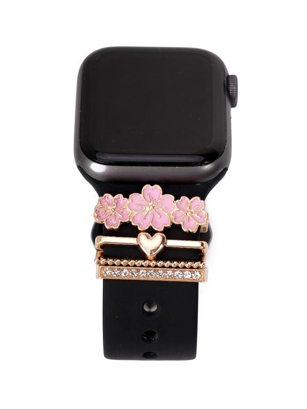 Flower & Heart Design Watch Band Decor Ring, Rhinestone Decor Watch Band Accessories for Women, Trendy All-match & Exquisite Watchband Charms for Birthday Gift