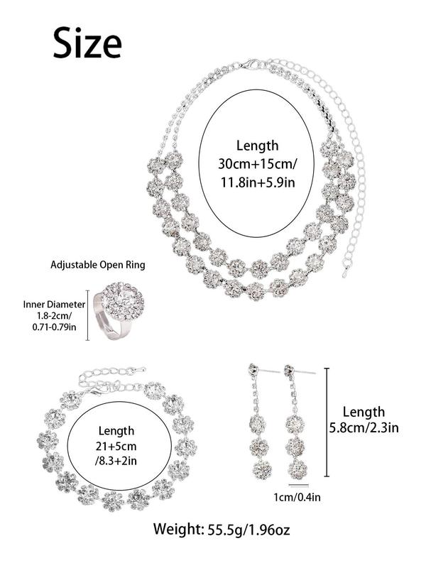 Women's Elegant Rhinestone Decorated Jewelry Set, Exquisite Trendy Pendant Necklace & Dangle Earrings & Bracelet & Ring, Fashionable Jewelry Set for Party Decoration