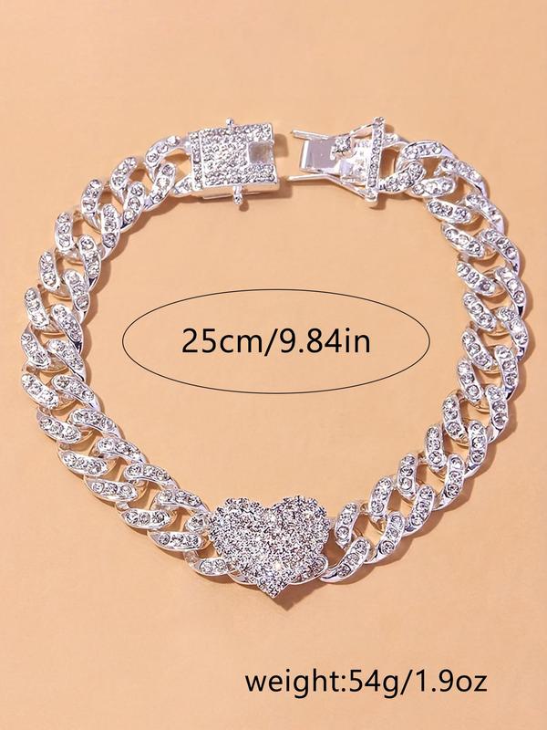 Rhinestone Decorated Heart Design Cuban Link Anklet, Fashionable Jewelry for Women & Girls, Trendy All-match & Exquisite Jewelry for Birthday Gift