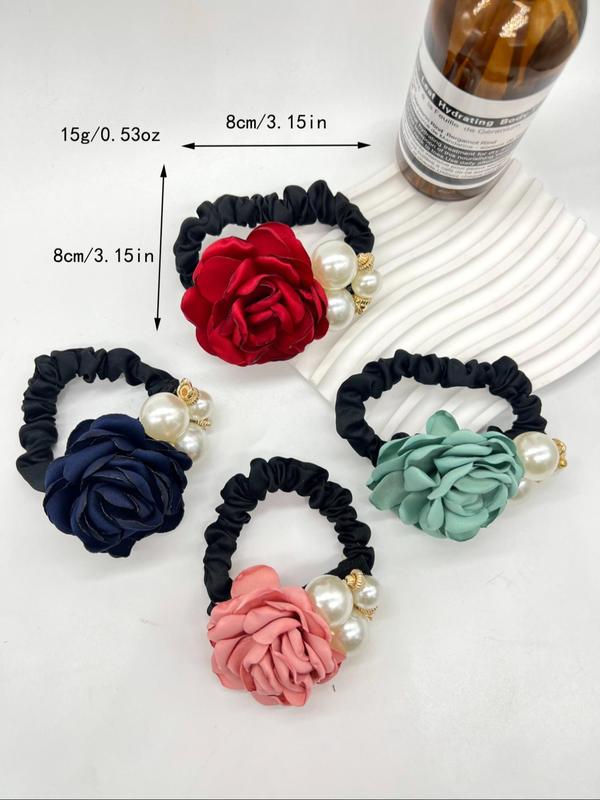 4pcs Faux Pearl & Rose Decor Hair Tie, Elegant Flower Design Hair Tie for Women & Girls for Daily Clothing Decor, Minimalist Headwear Suitable for Thick Hair, High Elastic Ponytail Holder