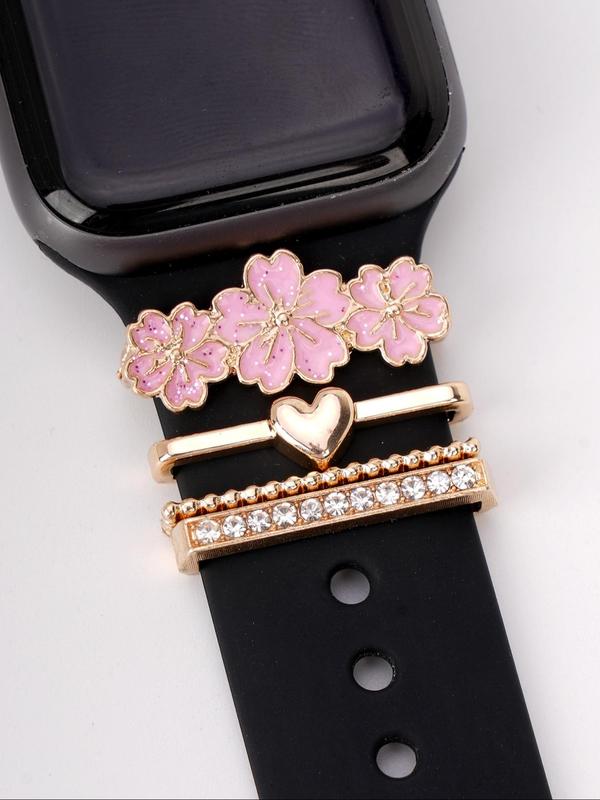 Flower & Heart Design Watch Band Decor Ring, Rhinestone Decor Watch Band Accessories for Women, Trendy All-match & Exquisite Watchband Charms for Birthday Gift