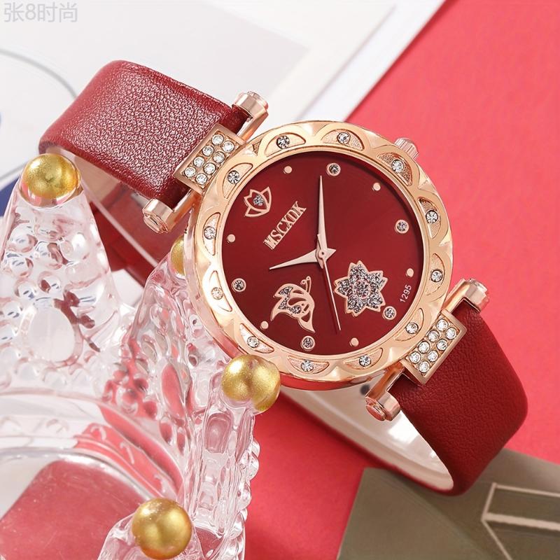 3pcs set Red Round Quartz Watch PU Leather Strap Alloy Pointer Alloy Case And Wallet Glasses Gift For Women