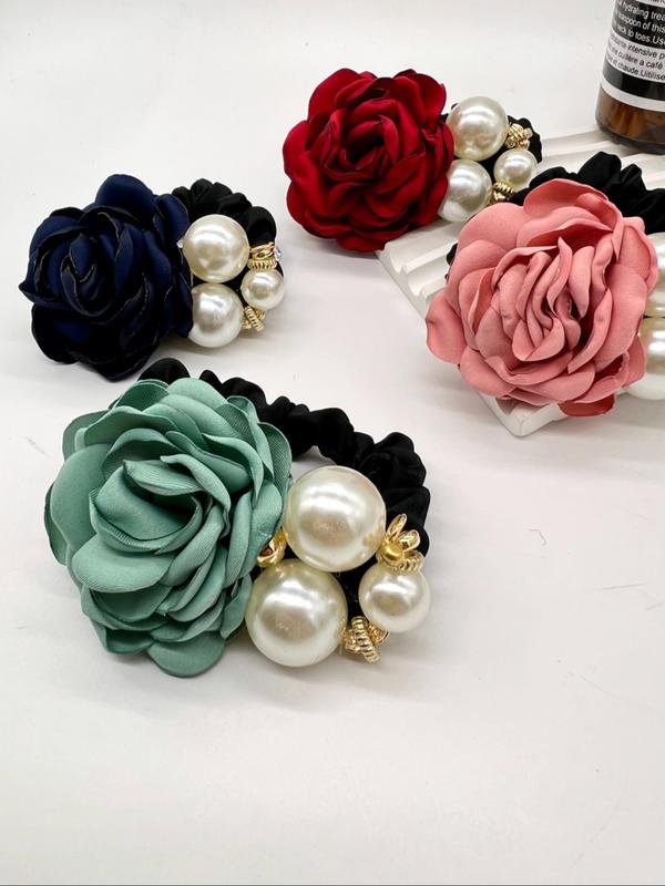 4pcs Faux Pearl & Rose Decor Hair Tie, Elegant Flower Design Hair Tie for Women & Girls for Daily Clothing Decor, Minimalist Headwear Suitable for Thick Hair, High Elastic Ponytail Holder