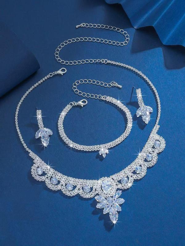 Women's Elegant Rhinestone Decorated Jewelry Set, Exquisite Trendy Necklace & Earrings & Bracelet, Chic Jewelry Set for Party & Wedding & Daily Decor