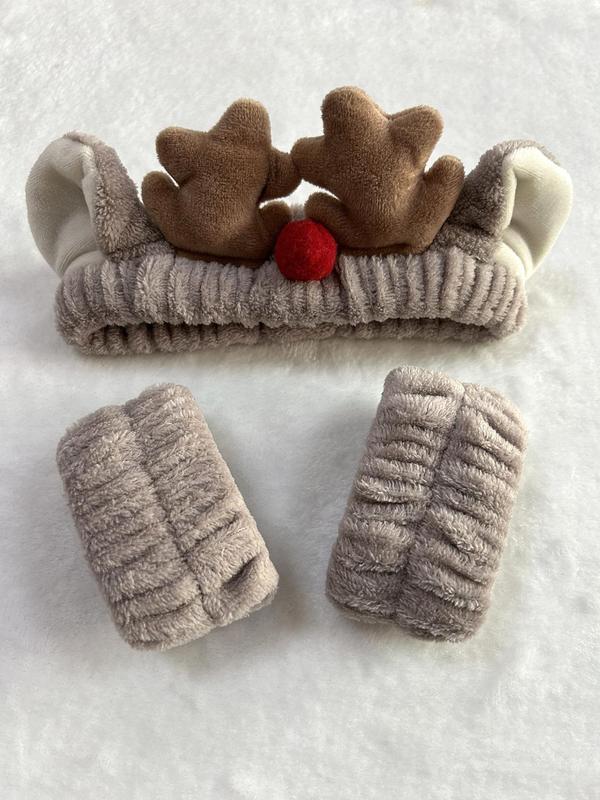 Cute Reindeer Antler Design Hair Band & Wristbands Set, Soft Plush Hair Accessories Set, Fashion Hair Accessories for Women & Girls