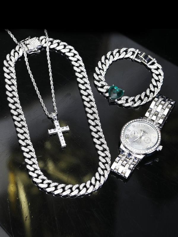 Men's Street Trend Rhinestone Decorated Watch & Jewelry Set, Trendy Wristwatch & Cross Necklace & Chain Necklace & Heart Bracelet, Fashion Watch Set As Gift for Men