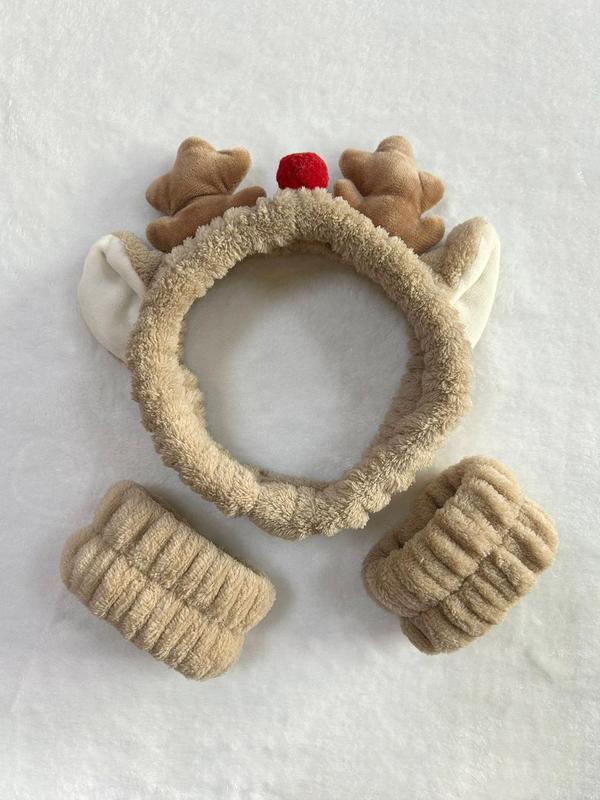 Cute Reindeer Antler Design Hair Band & Wristbands Set, Soft Plush Hair Accessories Set, Fashion Hair Accessories for Women & Girls