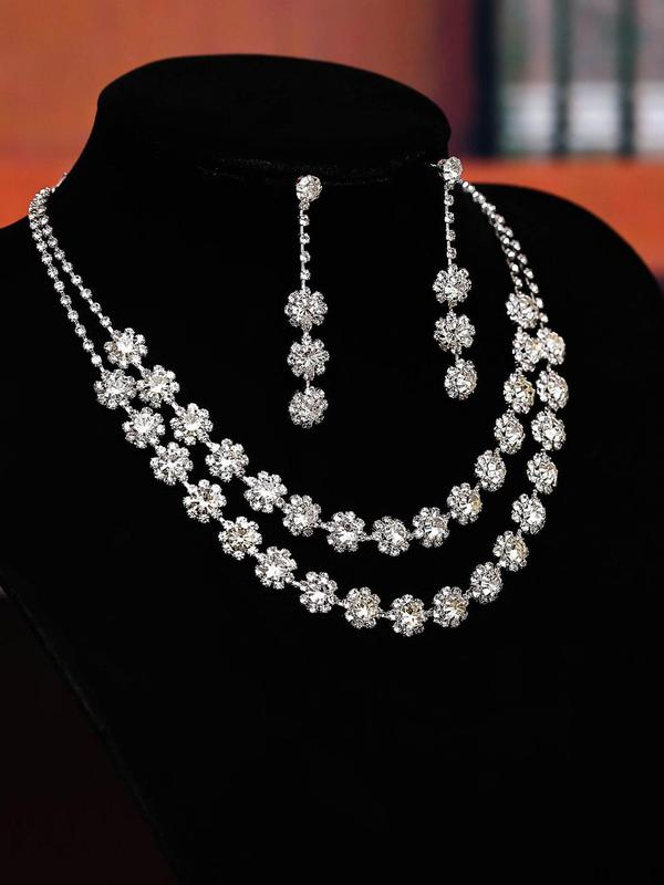 Women's Elegant Rhinestone Decorated Jewelry Set, Exquisite Trendy Pendant Necklace & Dangle Earrings & Bracelet & Ring, Fashionable Jewelry Set for Party Decoration