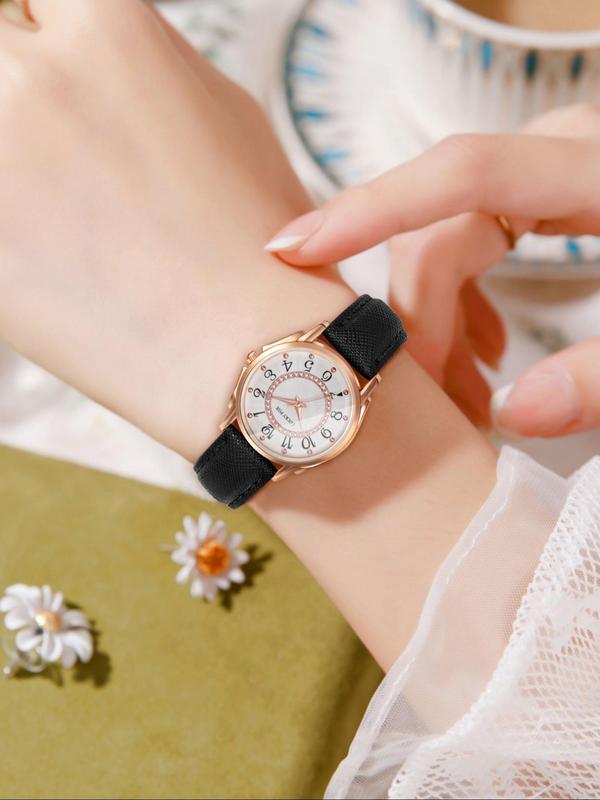 Women's Fashionable Round Dial Analog Quartz Watch Set, Casual Plain Color Pu Leather Strap Wristwatch, Holiday & Birthday Gift for Women & Girls, with Exquisite Gift Box