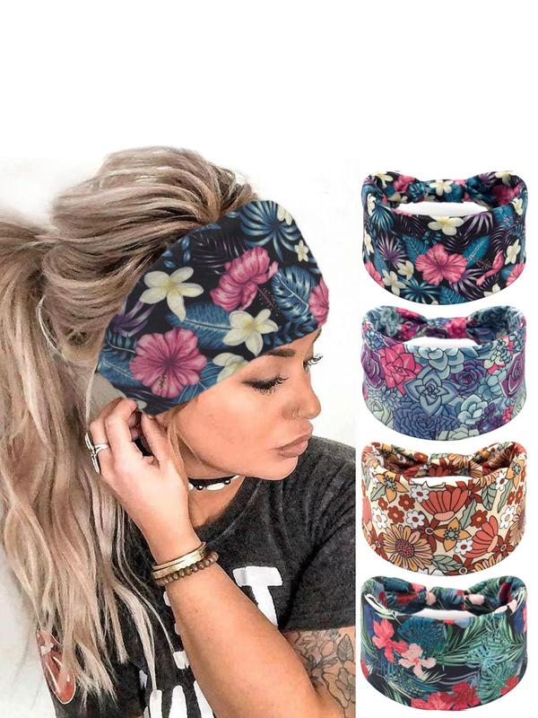 Floral Print Ruched Sport Hair Band, 4 Counts Casual Sporty Hair Band for Women & Girls, Elastic Hair Band for Gym Workout Running