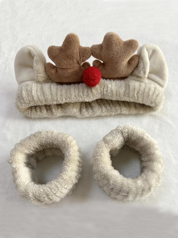 Cute Reindeer Antler Design Hair Band & Wristbands Set, Soft Plush Hair Accessories Set, Fashion Hair Accessories for Women & Girls