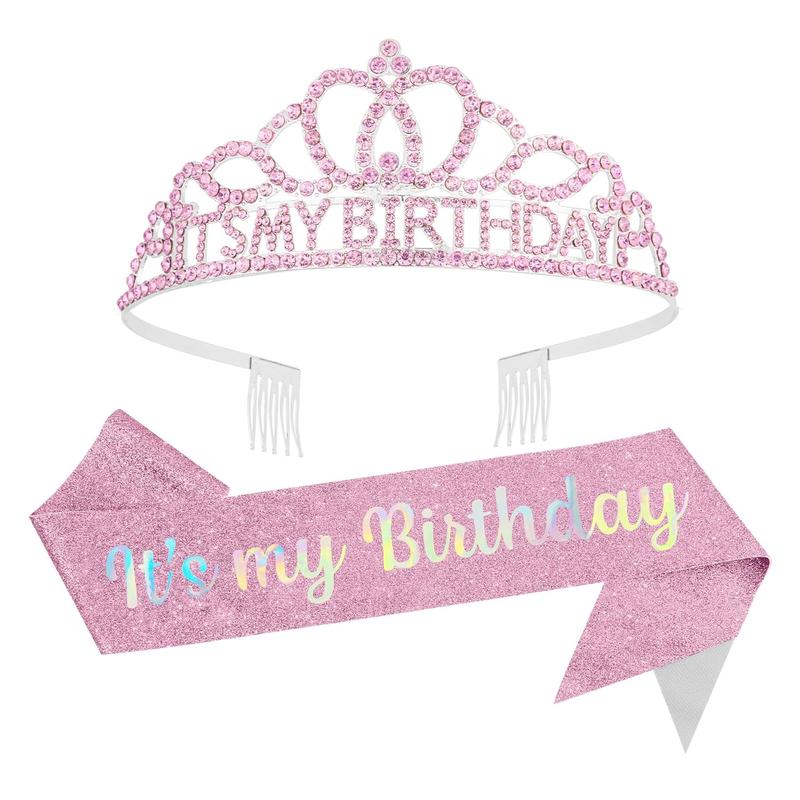 Birthday Crown Adult Woman,Pink Tiaras for Women,Its My Birthday Sash for Women,Birthday Girl Sash,Happy Birthday Decorations for Women,Birthday Crowns Headband for Women,Birthday Sash and Crown