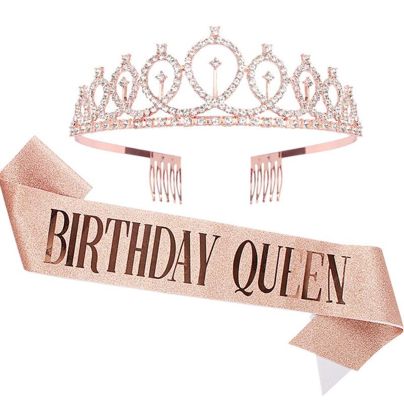 Birthday Queen Crown & Sash Set, 2 Counts set Rhinestone Crown & Sash, Birthday Tiara for Girls, Princess Crown for Girls, Party Accessories