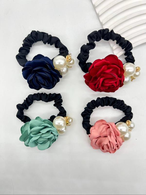 4pcs Faux Pearl & Rose Decor Hair Tie, Elegant Flower Design Hair Tie for Women & Girls for Daily Clothing Decor, Minimalist Headwear Suitable for Thick Hair, High Elastic Ponytail Holder