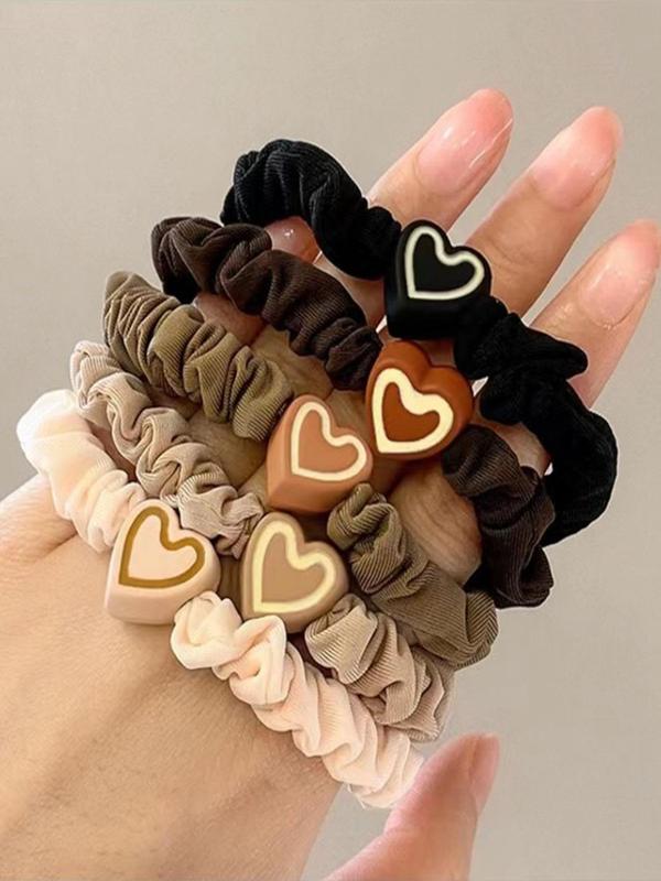 Simple Heart Design Hair Tie (5pcs), Cute Ruched Design Hair Accessories for Women & Girls, Casual Versatile Hair Accessories for Daily Wear