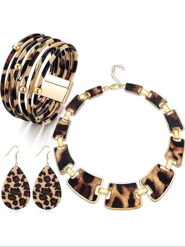 Leopard Print Jewelry Set, Fashion Exaggerated Water Drop Dangle Earrings, Necklace, Hollow Out Bracelet for Party, Daily Clothing Decor, Trendy All-match & Exquisite Jewelry for Birthday Gift