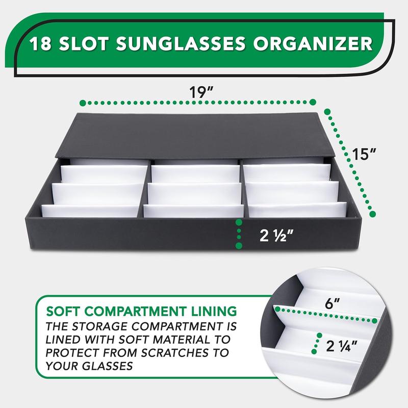 18 Slot Sunglasses Organizer Box Stand Display Case Tray, Fabric Lined & Snap Close