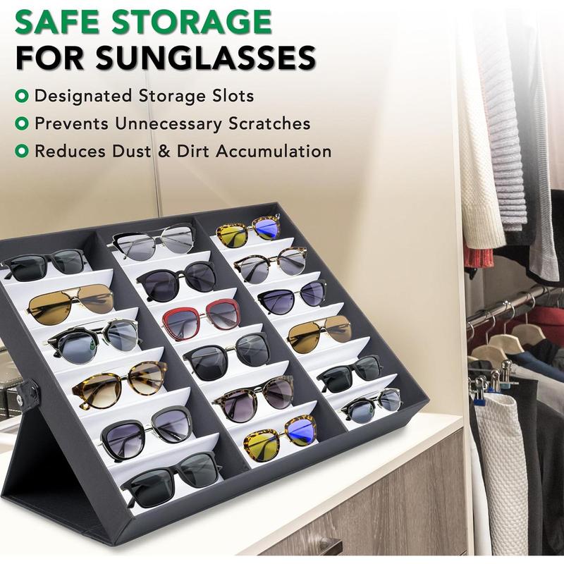 18 Slot Sunglasses Organizer Box Stand Display Case Tray, Fabric Lined & Snap Close